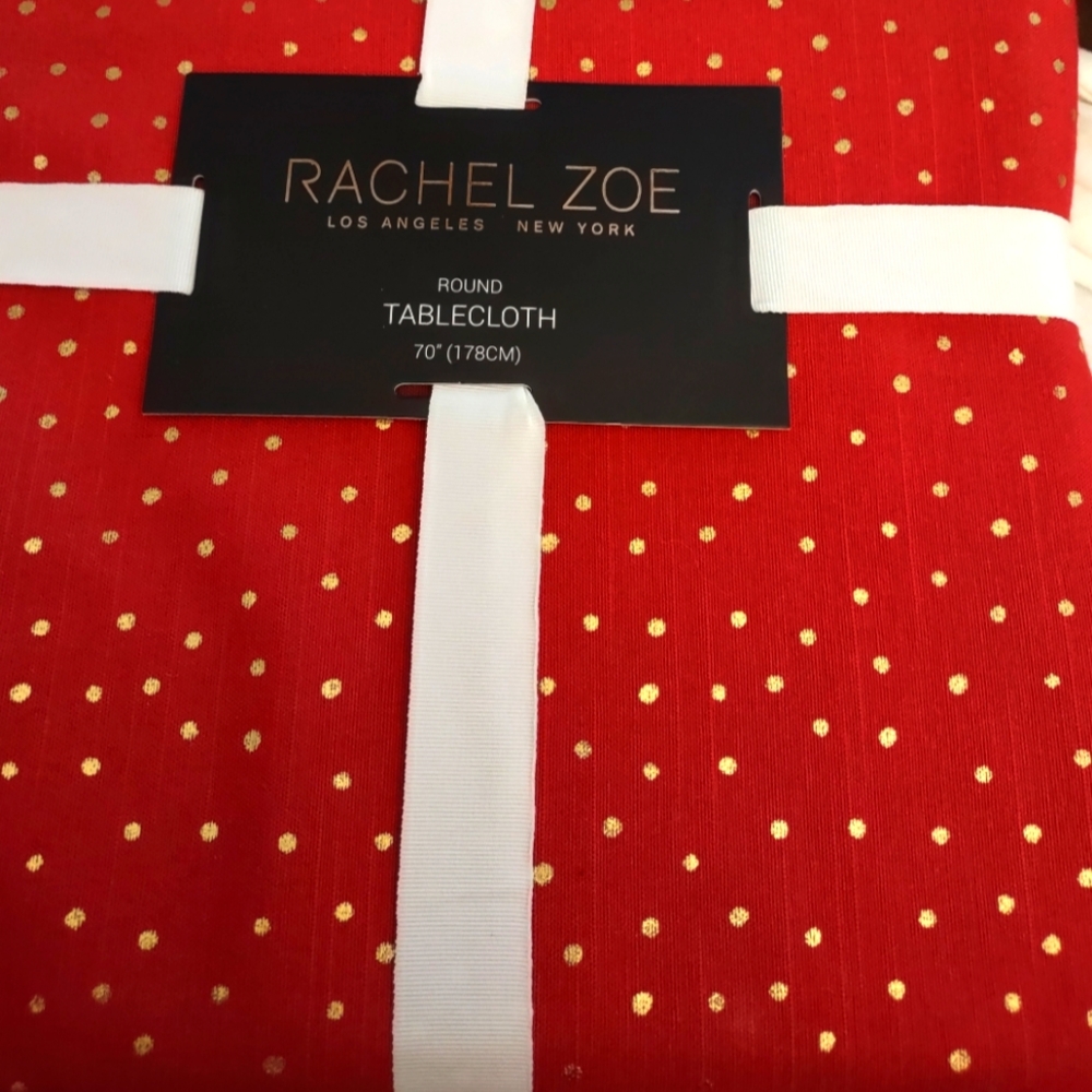 Rachel Zoe Red Tablecloth 70" Round with Gold Dots Cotton Blend Washable